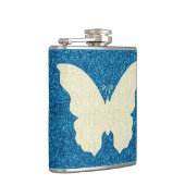 Kant vlinder op blauwe glitter fles heupfles (Rechts)