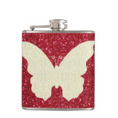 Kant vlinder op rode glitter fles heupfles (Voorkant)