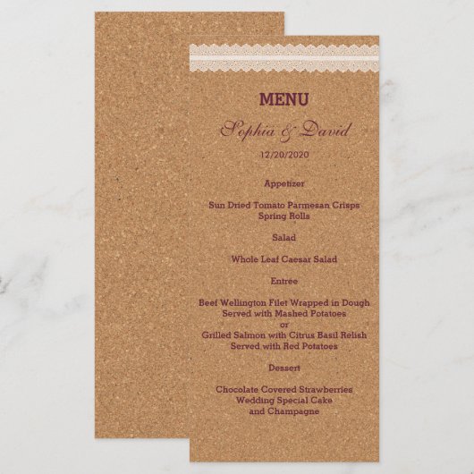  kant Wijn Cork Wedding Menu (Voorkant / Achterkant)