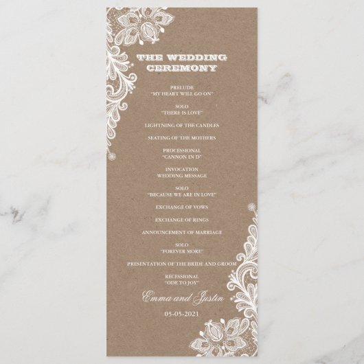  Kant Wit & Kraft Rustieke Bruiloft Programmakaart (Achterkant)