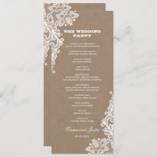  Kant Wit & Kraft Rustieke Bruiloft Programmakaart (Voorkant / Achterkant)