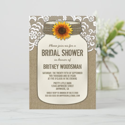 Kant Zonnebloem Mason Jar Bridal Douche Uitnodigin Kaart (Staand voorkant)