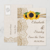 Kant, zonnebloemen en jute bruiloft Save the Date Aankondigingskaart (Voorkant / Achterkant)
