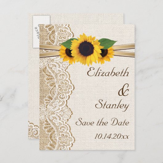 Kant, zonnebloemen en jute bruiloft Save the Date Aankondigingskaart (Voorkant / Achterkant)