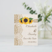 Kant, zonnebloemen en jute bruiloft Save the Date Aankondigingskaart (Staand voorkant)