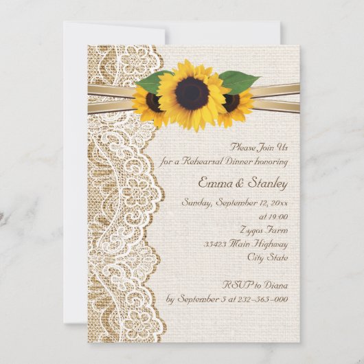 Kant, zonnebloemen & jute bruiloft repetitie diner kaart (Voorkant)