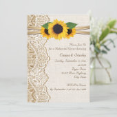 Kant, zonnebloemen & jute bruiloft repetitie diner kaart (Staand voorkant)