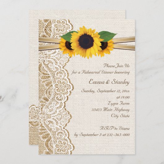 Kant, zonnebloemen & jute bruiloft repetitie diner kaart (Voorkant / Achterkant)