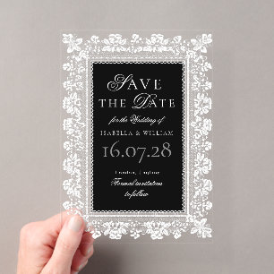 Kant Zwart en Wit Oude Rijkdom Save the Date Acryl Uitnodigingen