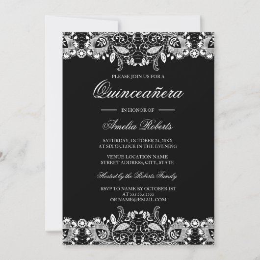  Kant Zwart Wit Quinceanera Invitation Kaart (Voorkant)