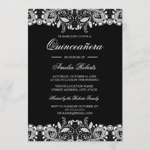 Kant Zwart Wit Quinceanera Invitation Kaart