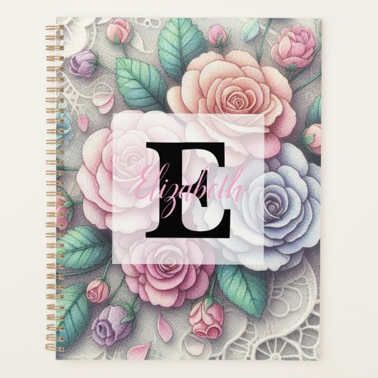Kantbloem in roze paars blauwe rozen met monogram planner (Voorkant)