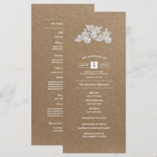 Kantbloemen | Kraftpapier Huwelijksprogramma's Programmakaart (Voorkant / Achterkant)