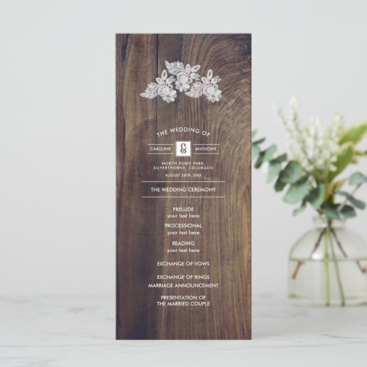 Kantbloemen | Schuur Houten Huwelijksprogramma Programmakaart (Staand voorkant)