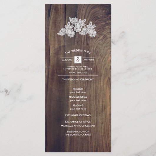 Kantbloemen | Schuur Houten Huwelijksprogramma Programmakaart (Voorkant)