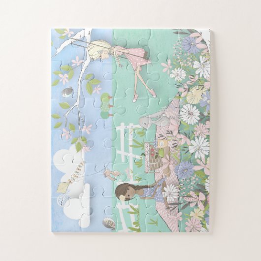 Kantelende picknick Scene Girls/Bunny/vogels Legpuzzel (Verticaal)