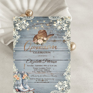 Kanten bloemstijl laarzen Blauw Hout Quinceañera Kaart