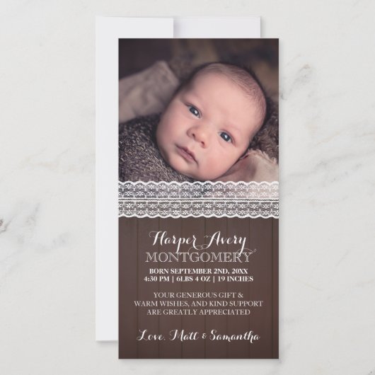 Kanten Donker Hout Aangepaste Foto Baby Shower Bed Bedankkaart (Voorkant)