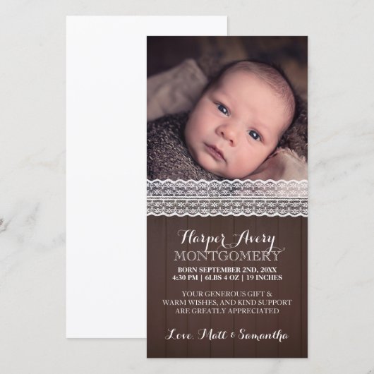 Kanten Donker Hout Aangepaste Foto Baby Shower Bed Bedankkaart (Voorkant / Achterkant)