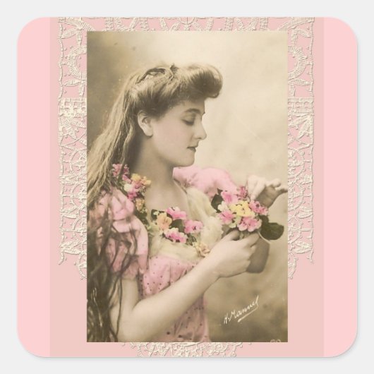 kanten en boeketjes victoriaanse dame vierkante sticker (Voorkant)