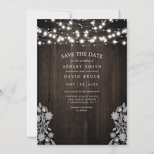 Kanten en houten slingerlichtjes Rustic Save The D Date (Voorkant)
