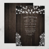 Kanten en houten slingerlichtjes Rustic Save The D Date (Voorkant / Achterkant)