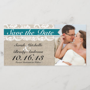 Kanten en Jute Uitzicht Save the Date -Turquoise