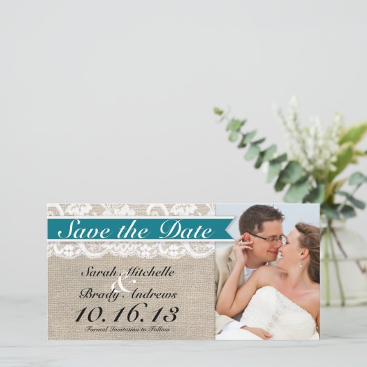 Kanten en Jute Uitzicht Save the Date -Turquoise (Staand voorkant)
