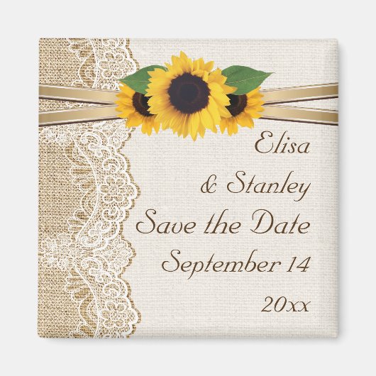 Kanten en zonnebloemen jute wedding Save the Date Magneet (Voorkant)