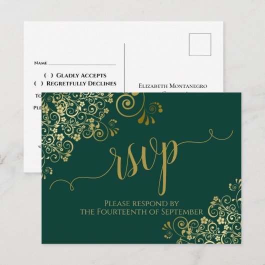 Kanten Gouden Calligrafie Smaragdgroene Trouw RSVP Briefkaart (Voorkant / Achterkant)