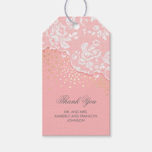 Kanten Gouden Confetti Glitter Roze Vintage Bruilo Cadeaulabel (Voorkant)