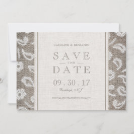 Kanten jute rustieke landelijke trouwdatum save th the date