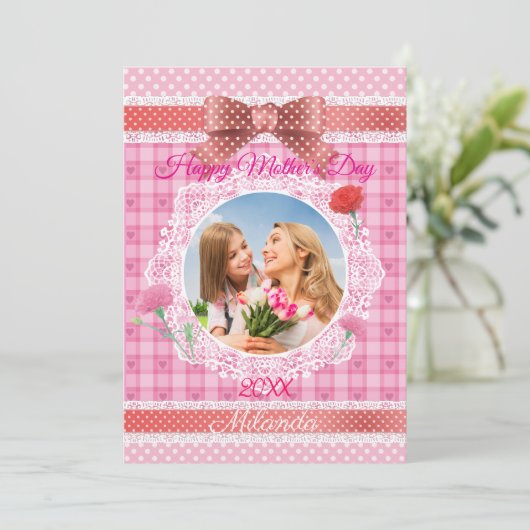 Kanten lint Happy Moederdag kaart (Staand voorkant)