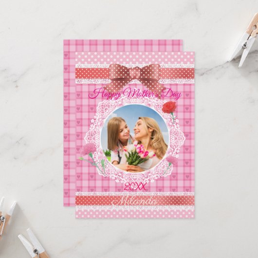 Kanten lint Happy Moederdag kaart (Voorkant / Achterkant in situ)