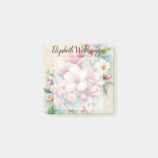 Kanten monogram roze paarse magnolia bloem post-it® notes (Voorkant)