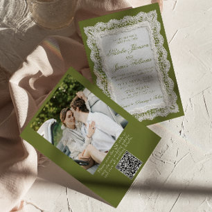 Kanten Olijfgroen Oude Rijke Foto QR-code Huwelijk Kaart
