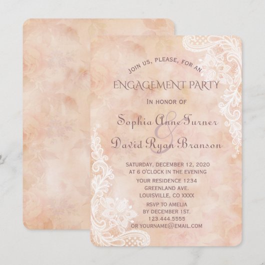 Kanten rozen oude papieren verlovingsfeest kaart (Voorkant / Achterkant)