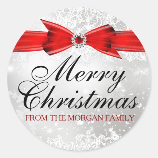 Kanten & Strik Zilver Rode Kerst Feestdag Sticker (Voorkant)