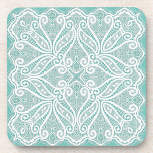 Kantkleed uitziend als turquoise wit vintage ouder bier onderzetter