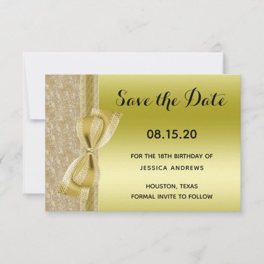Kantlint & Strikte Gouden Glitter Lovert 18e Save The Date (Voorkant)
