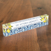 Kantoor geschenken blauw tegels en citroenen Itali Naambordje (Zijkant)