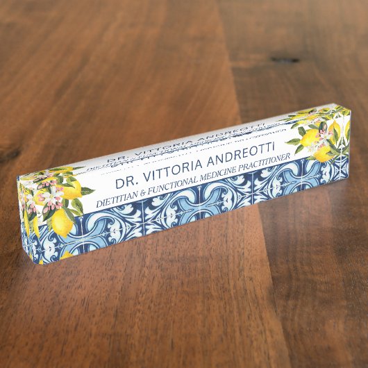 Kantoor geschenken blauw tegels en citroenen Itali Naambordje (Zijkant)