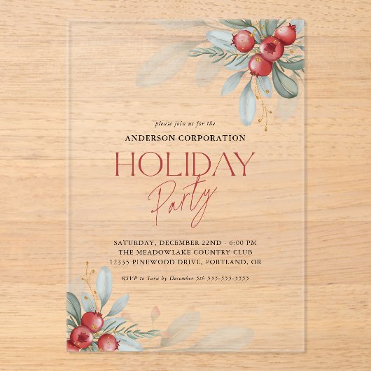 Kantoor Vakantiefeestje Elegant Wintergroen Acryl Uitnodigingen (Voorkant)