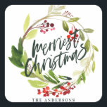Kantste waterverf met kerstgebak floral vierkante sticker<br><div class="desc">Merriest Christmas waterverf gebladerte bloemenvakantie stickers. Waterverf gebladerte,  script hand schrijven.</div>