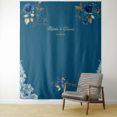 Kantwerk Blauw Bloemengoud Bruiloft Prop Wandkleed (In situ)