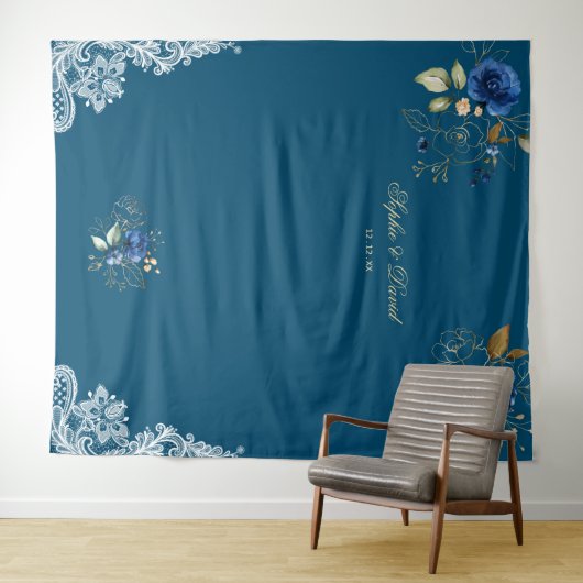 Kantwerk Blauwe Bloemen Gouden Bruiloft Decoratie Wandkleed (In Situ (horizontaal))