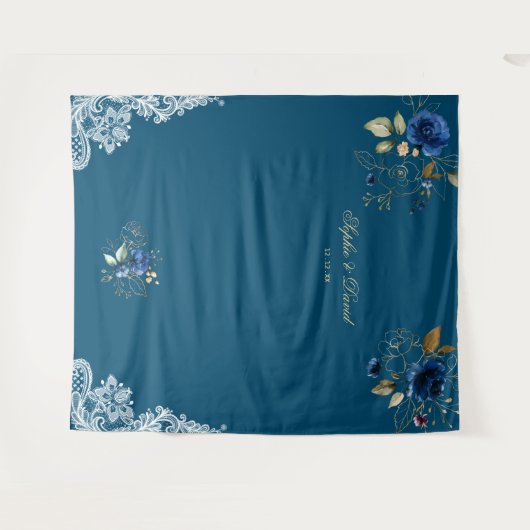 Kantwerk Blauwe Bloemen Gouden Bruiloft Decoratie Wandkleed (Voorkant (horizontaal))