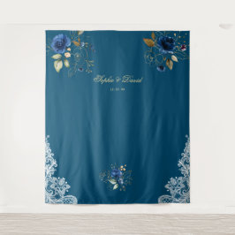 Kantwerk Blauwe Bloemen Gouden Bruiloft Decoratie Wandkleed