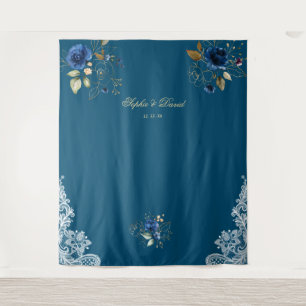 Kantwerk in vintage stijl blauw bloemmotief gouden wandkleed