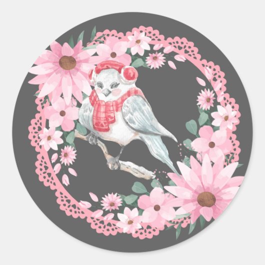 Kantwerk Kerstman Vogels Ronde Sticker (Voorkant)